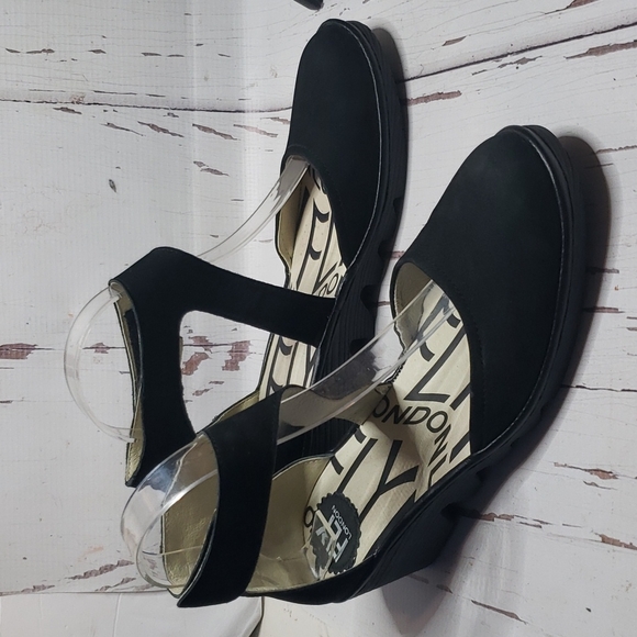 Fly London Shoes - Fly London 39 black leather wedges ankle strap shoes